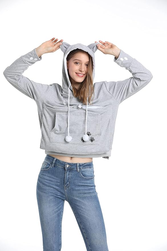 ALYC Unisex Hoodies Pet Holder Cat Dog Kangaroo Pouch Carries Pullover with Cat Printing Sweatshirt (Light Grey, S)