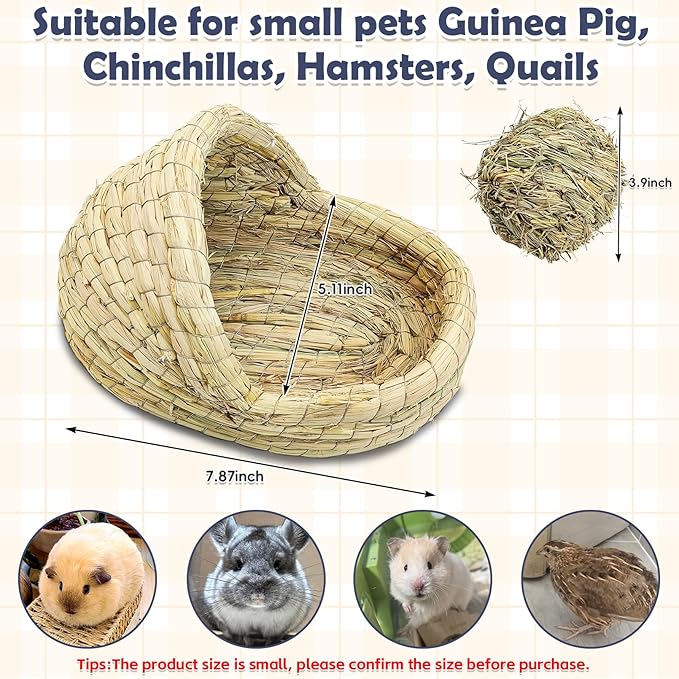 kathson Guinea Pig Grass House Guinea Pig Hideout Bunny Woven Hay Bed Hand Woven Natural Grass House for Hamster Bunny and Small Animals with Hay Chew Balls Toys(Small)