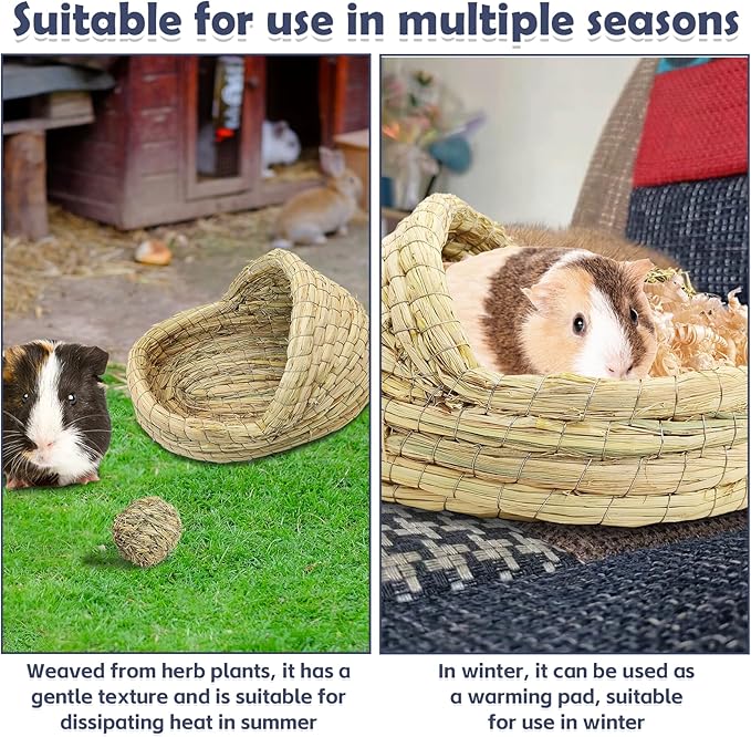 kathson Guinea Pig Grass House Guinea Pig Hideout Bunny Woven Hay Bed Hand Woven Natural Grass House for Hamster Bunny and Small Animals with Hay Chew Balls Toys(Small)