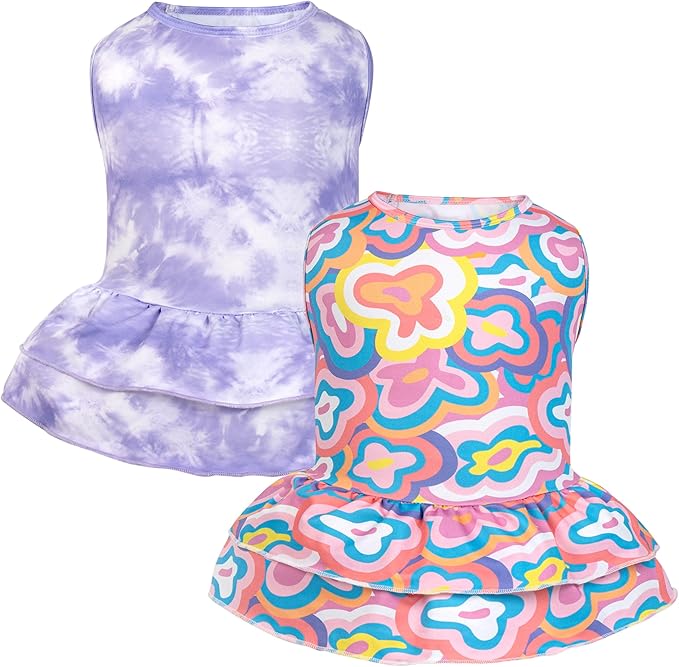 cyeollo 2 Pack Tie Dye Dog Dress Puppy Dresses Soft Breathable Dog Clothes for Small Dogs Girl Outfit Pet Apparel, Tie Dye+Flower, M