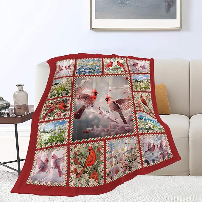 Cardinal Blanket Red Birds Throw Blanket Gifts for Women Men Boys Girls Kids Adults Super Soft Cozy Plush Fluffy Fuzzy Fleece Blanket Home Decor 60''X80''