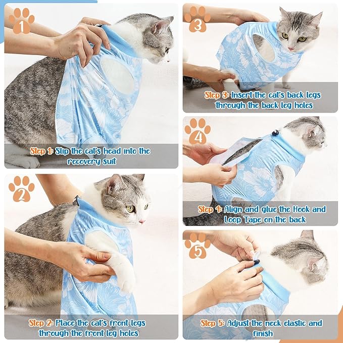 SlowTon Cat Recovery Suit - Cat Onesie for Cats After Surgery Female Male, Kitten Clothes Cats Surgical Spay Suit Abdominal Wounds, E-Collar Alternative Bodysuit Shirt Anti-Licking (Blue Flower,M)