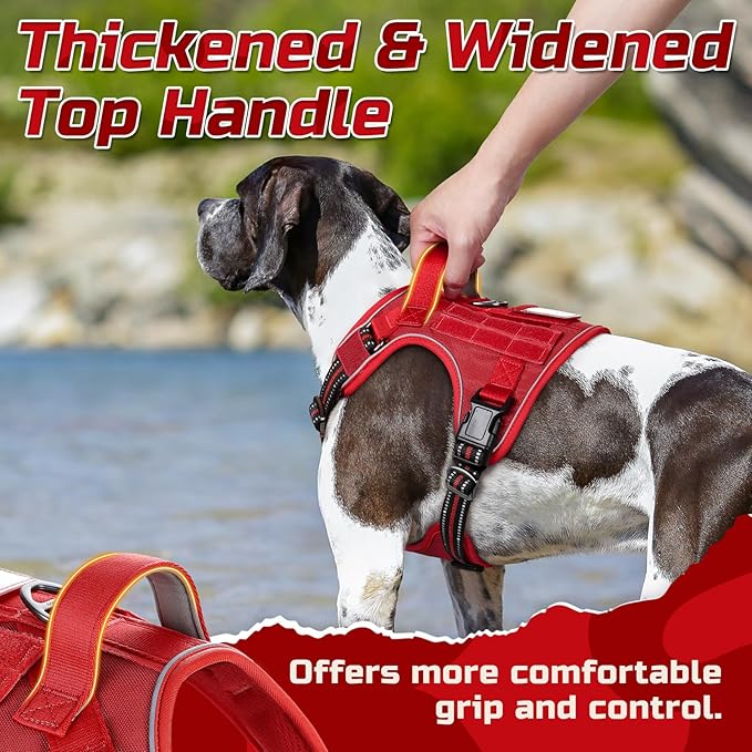rabbitgoo Tactical Dog Harness for Large Dogs, No Pull Military Service Vest with Handle & Molle, Easy Control for Training Walking, Adjustable Reflective Straps, Red, XL
