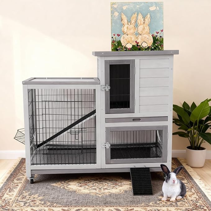 FunXplore 2-Tier Rabbit Hutch, Indoor & Outdoor Mobile Bunny Cage with Urine Guards, Weatherproof Asphalt Roof, 2 Pull Out Trays, Sturdy Small Animal Cage for Guinea Pig