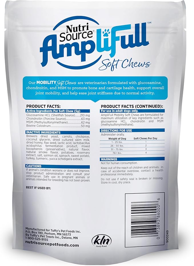 NutriSource AmpliFull Turkey Flavor Mobility Soft Chews for Dogs, Daily Joint Health Supplement with Glucosamine & Chondroitin for Flexibility & Comfort, 70 Chews (1 Pack)