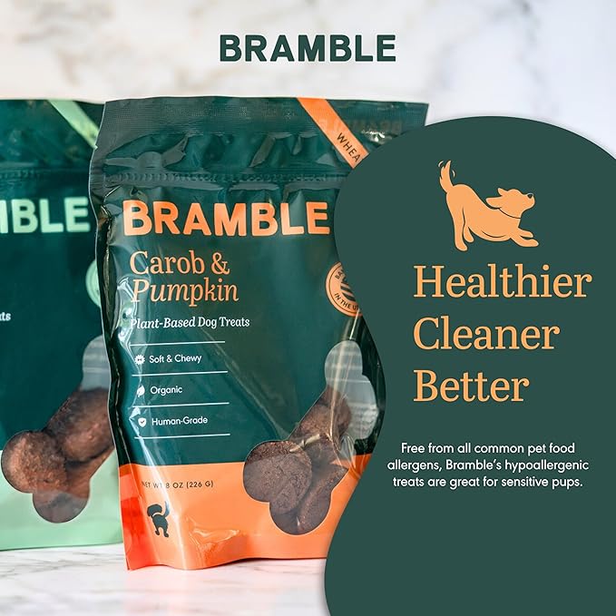 BRAMBLE Organic Dog Treats. Everyday Carob & Pumpkin Human Grade, Made with Real Ingredients, Soft & Chewy Dog Cookies. Wheat-Free Plant-Based. 8 oz