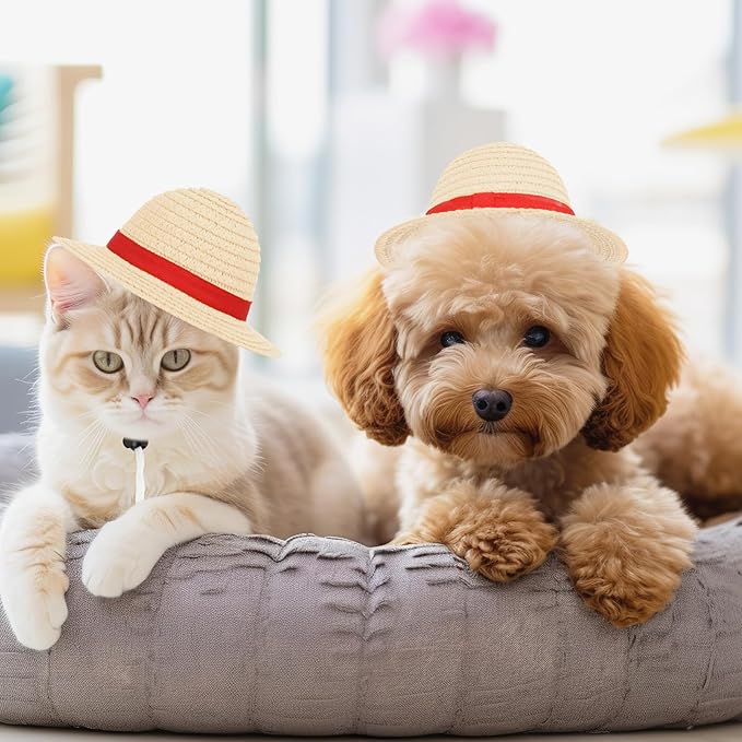 Beautyflier Pet Straw Hat Party Decorations Halloween Cosplay Cap Puppy Pet Dog Cat Holiday Costume for Small Dog Cat (Beige, 2PCS)
