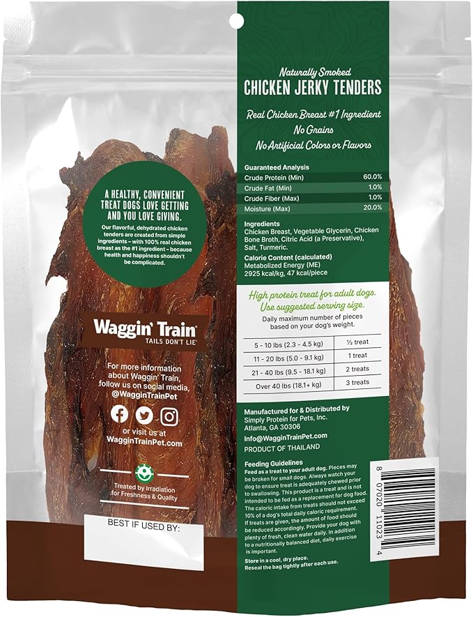 Waggin' Train Smoked Chicken Jerky Tenders for Dogs with Turmeric and Human Grade Bone Broth, Grain and Corn Free, High Protein, Premium Limited Ingredient 100% Real Chicken Dog Treats, 12 oz. Pouch