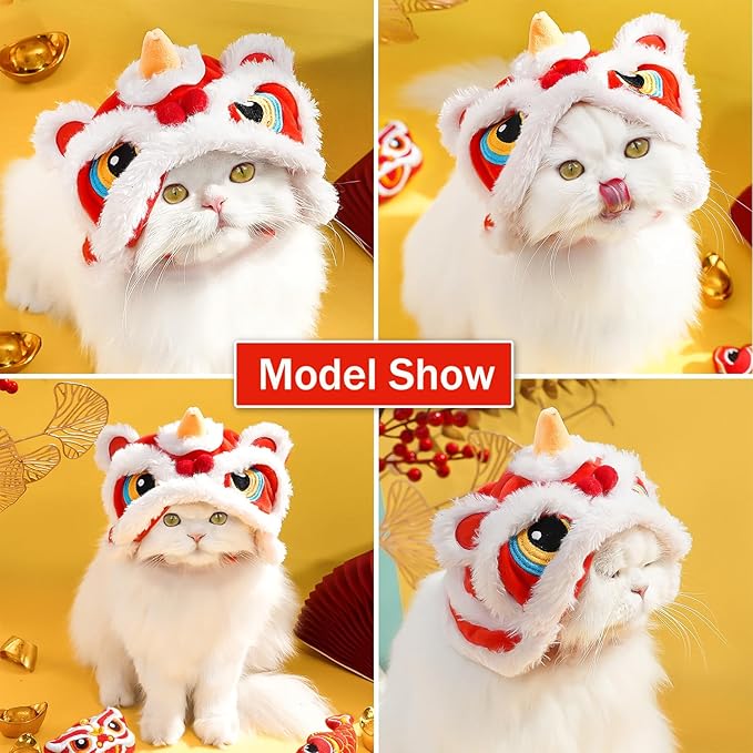BAMY Lion Dance Cat Hat New Year Pet Cap Warm Dog Head Accessorries Cosplay Hat Costume for Cats Kitten Puppy Small Dogs (Head Circumference 13.8 inches)