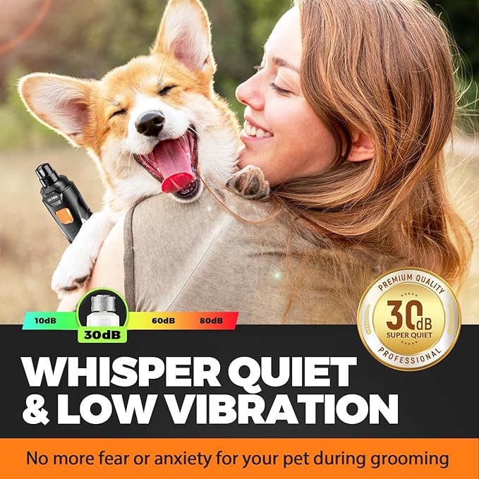 Whisper Quiet Dog Nail Grinder with LED Light, Safe & Stress-Free for Sensitive Dogs of All Breeds & Sizes, 3 Grinding Bits, 3-Speed, Pet Nail Trimmers, Rechargeable Painless Grooming Kit White