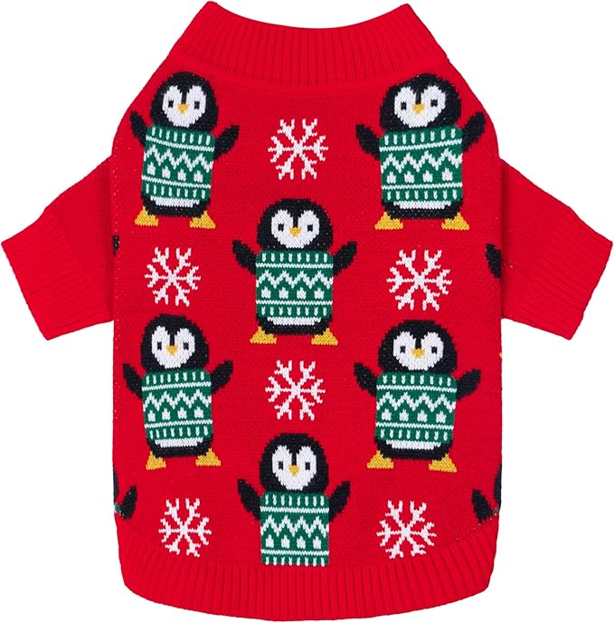 Fitwarm Funny Penguins Dog Ugly Christmas Sweater, Winter Dog Clothes for Small Dogs Girl Boy, Pet Xmas Outfit, Green, Red, White, XL