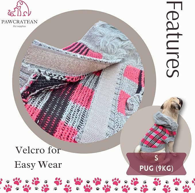 Cute Sweater for Dogs and Cats Soft Flannel Pet Outfit Warm and Cozy Animal Hoodie Small to Large Pet Clothes for Halloween Parties and Everyday Wear (Large, Pink Checkered with Hat)