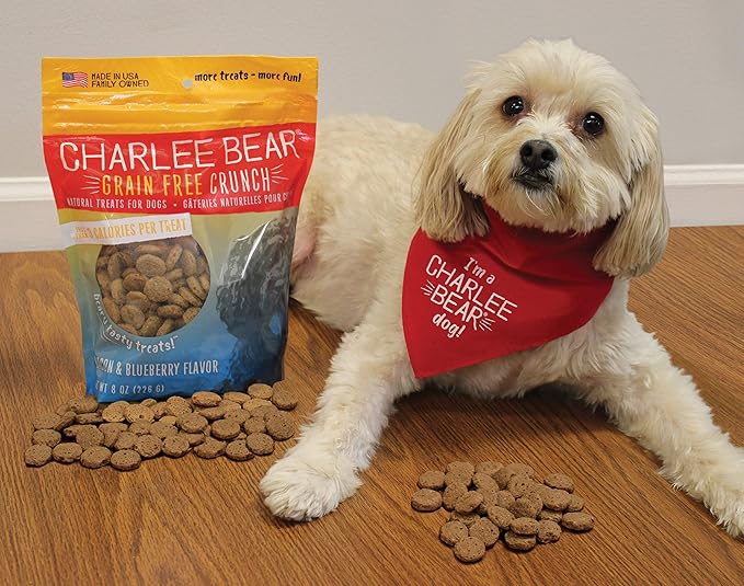 Charlee Bear Dog Treats Small Dogs Training Treats Crunchy Low Cal, Grain Free Canine Snacks, USA, Puppy Training Biscuits, Bacon & Blueberry, 4 Pack, 8oz Ea