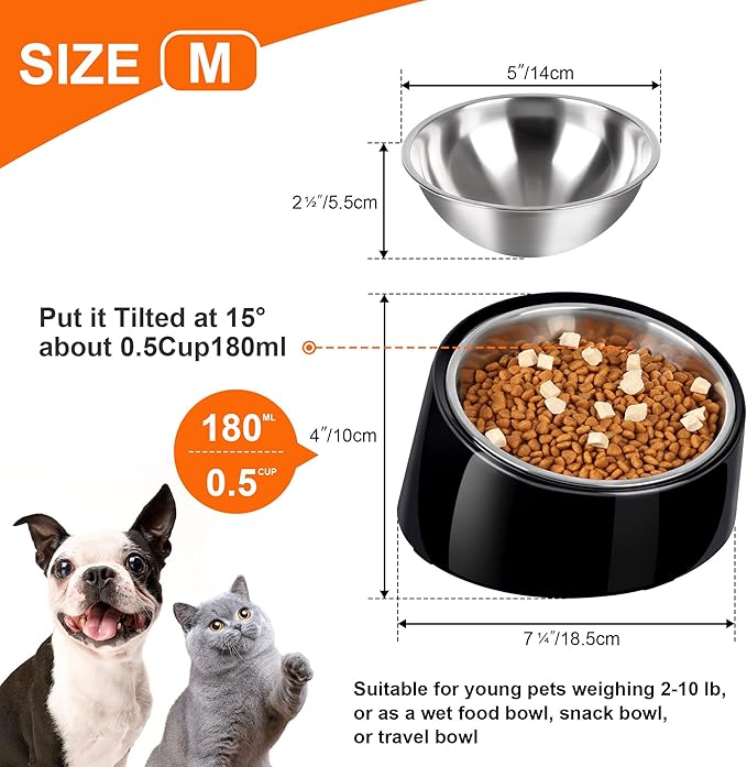 Tilted Dog Bowl Non-Slip & Non-Spill Pet Feeder with Elevated Detachable Melamine Stand, Easy to Get Food Dog Dish, M/180ml Black