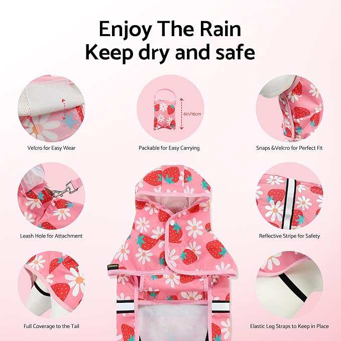 Fitwarm Strawberry Daisy Dog Raincoat with Hood, Waterproof Rain Jacket for Small Dogs Girl, Reflective Pet Poncho with Harness Opening, Packable, Adjustable, Pink, XXL