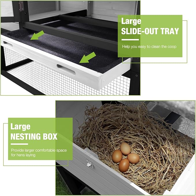 GUTINNEEN Chicken Coop with Wheels, Expandable Hen House Poultry Cage with Run, UV-Protected Roof, Divided Nesting Boxes, Easy One-Person Move, Ideal for 2 Adult Chickens or 4 Bantams, 72.3" L, White