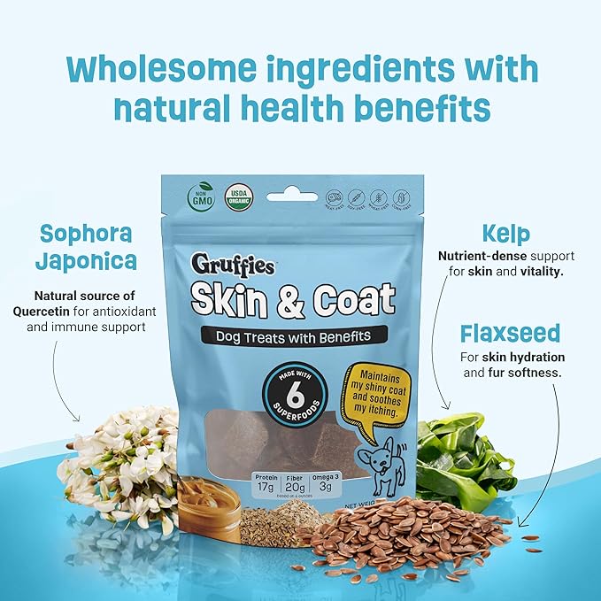 Skin & Coat Organic Dog Treats – Peanut Butter - Itchy & Dry Skin Relief for Dogs - Allergy Support - Flaxseed & Kelp for Omega 3 - Vet Approved, Made in Canada, Non-GMO - 6 oz (Pack of 6)
