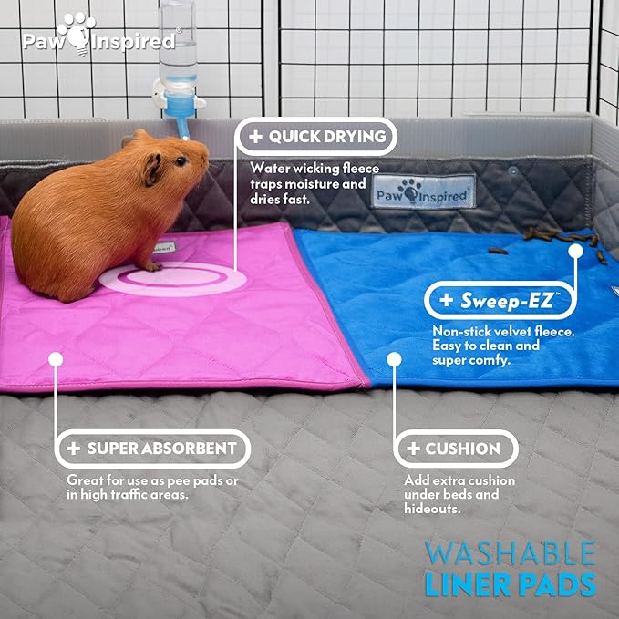 Paw Inspired Guinea Pig Cage Liner Pads | Washable Fleece Bedding, Waterproof Bottom | Super Absorbent Pee Pad or Pet Bed Mat for Guinea Pigs, Ferrets, Rabbits, Hamsters, Small Animals (12"x12", Pink)