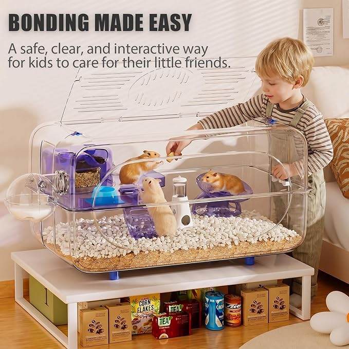Large Hamster Cage 24" L×14" H - 360° Clear TV Shaped Pet Enclosure with 12-in-1 Starter Kit, 2-Tier Acrylic Habitat with Deep Burrowing Base, Silent Wheel for Syrian, Dwarf Hamsters & Gerbil Cage
