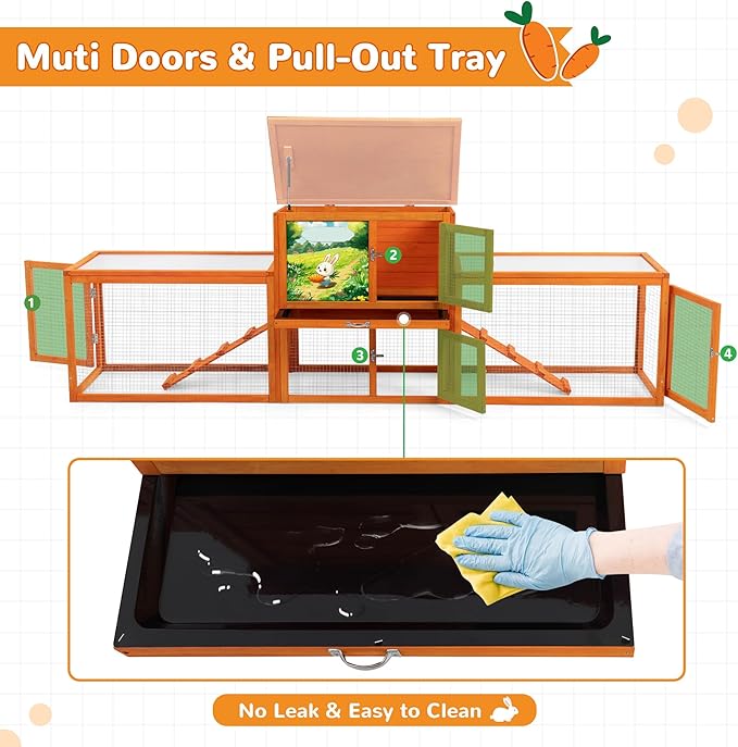 Outdoor Rabbit Hutch, 94" L x 19" W x 31" H Extra Large Bunny Hutch by COZIWOW, Wooden Rabbit Cage Indoor for Small Animals with Removable Tray & Weatherproof Roof, Orange