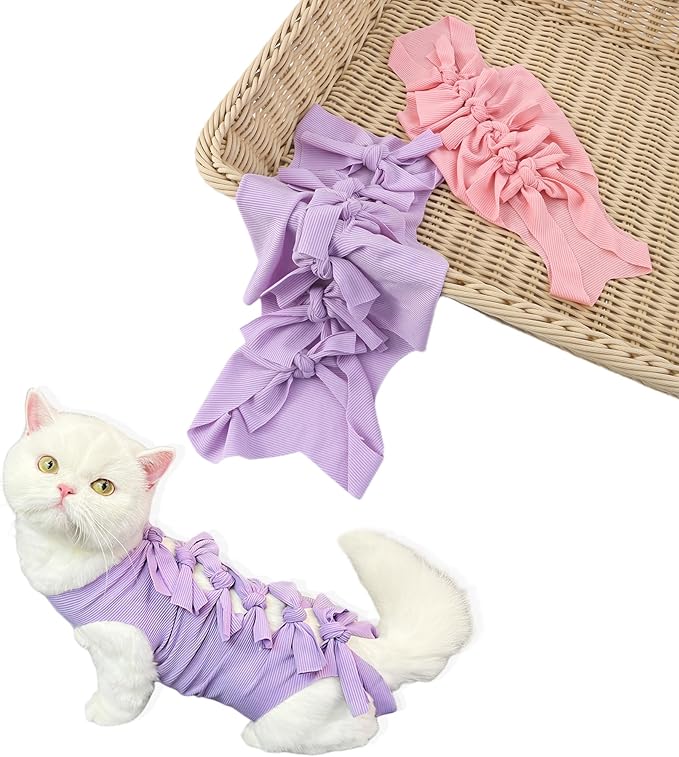 Cat Sterilization Recovery Suit, 2pcs Pet Surgical Recovery Suit for Cats and Dogs, Post-Surgery Wound Care Onesie, Soft Breathable Elastic Fabric, Pink and Purple