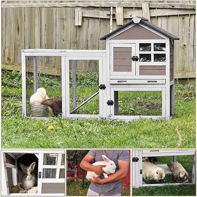 Aivituvin 51.6''L Rabbit Hutch Outdoor Chicken Coop, Indoor Bunny Cage with Run, Guinea Pig House with Pull Out Upper Tray (Brown)