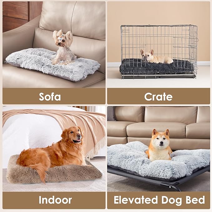 EHEYCIGA Fluffy XXL Dog Crate Pad, Plush Faux Fur Bed for Extra Large Dogs, Calming Anti Anxiety XXL Dog Bed, Washable Soft Warm Mat with Non-Slip Bottom, Camel