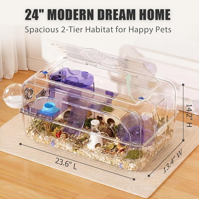 Large Hamster Cage 24" L×14" H - 360° Clear TV Shaped Pet Enclosure with 12-in-1 Starter Kit, 2-Tier Acrylic Habitat with Deep Burrowing Base, Silent Wheel for Syrian, Dwarf Hamsters & Gerbil Cage