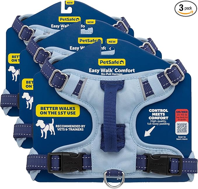 PetSafe Easy Walk Comfort No-Pull Dog Harness Full-Body Padding - Better Walks on The First Use - 5 Points of Adjustment Small/Medium, Blue (Pack of 3)