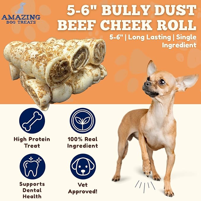 Amazing Dog Treats - Beef Cheek Rolls Mega Thick (Bully Dust Flavor, 5-6" - 4 Count) - Safe Rawhide Alternative Dog Chew - Great for Power Chewers - Long Lasting Dog Chew - Retriever Rolls for Dogs