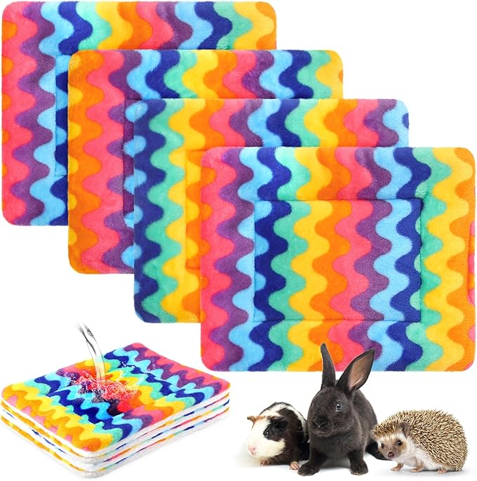 Haull 4 Pcs Waterproof Guinea Pig Bedding Guinea Pig Bed Plush Cage Liners Soft Rabbit Dog Crate Pad Cat Mat Reversible Cozy Animal Pee Pad Hamster Bunny Mat Accessory(Rainbow,13 x 10 Inch)