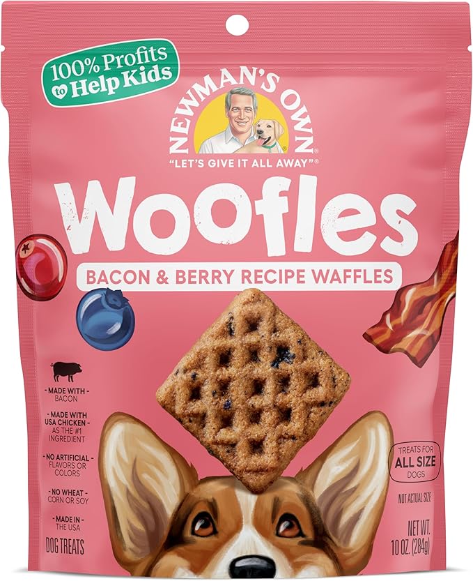 Newman's Own Bacon & Berry Woofles Waffle Dog Treats, 10 oz Bag — Soft & Chewy Waffles, No Artificial Flavors or Colors, Wholesome Training Rewards, Made in USA