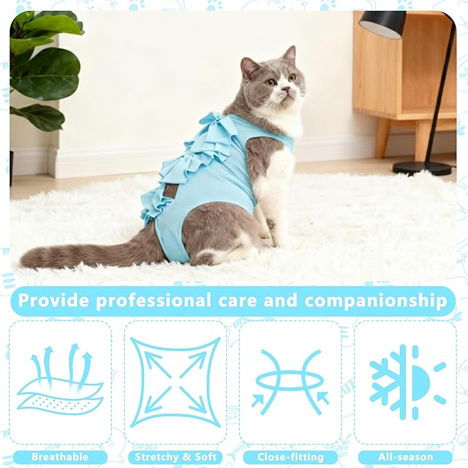 Cat Recovery Suit Anti Licking, Cats Surgery Recovery Suit Female Kitten Onesie After Spay, Cone of Shame Alternative, Post-Surgery Kitten Surgical Clothes for Abdominal Wounds(Kont Blue,M)