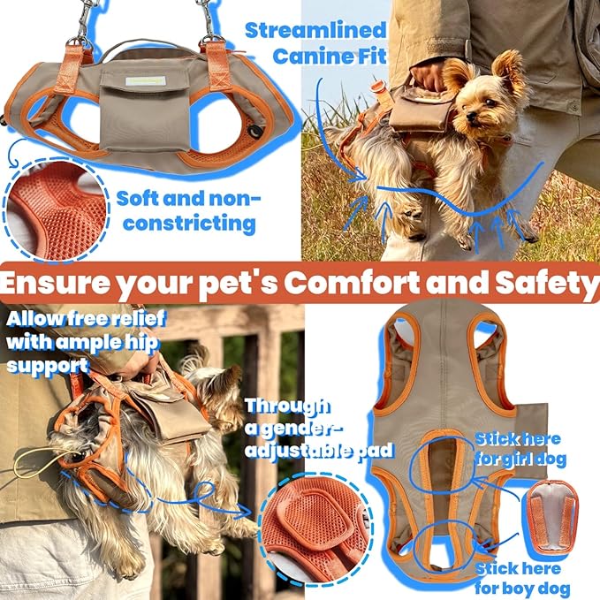 Pet Carrier Sling & Backpack, Full Body Lift Harness, Soft Lift Support and Rehab Harness for Small Dogs and Cats (Khaki, XS)