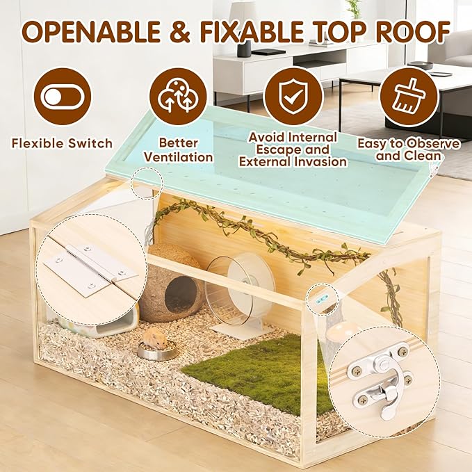 Wooden Hamster Cage, 40inch Large Hamster Cage Enclosure with Openable Top & Thickened Acrylic for Small Animals, Guinea Pig, Rabbit, Rat, 40"L x 20''W x 20''H Hamster Habitat with Multi-vent