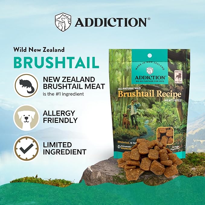 Addiction Meaty Bites - Hypoallergenic Dog Treats - Made in New Zealand - High Meat Content - Gluten and Grain-Free - Soft and Allergy Friendly Dog Treats (Brushtail, 4 ounces)