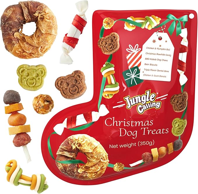 Jungle Calling Christmas Dog Treats, Holiday Chews Variety Pack 20+ Count, Holiday Stocking Xmas Treats for Dogs