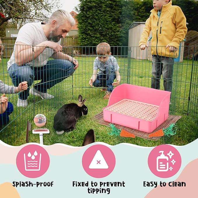 Honeydak 10 Pcs Rabbit Starter Kit Small Litter Box Bunny Grooming Kit Scratch Pads Hay Feeder Bowl Ice Pad with Bunny Toys for Guinea Pig Rabbit Accessories(Pink)