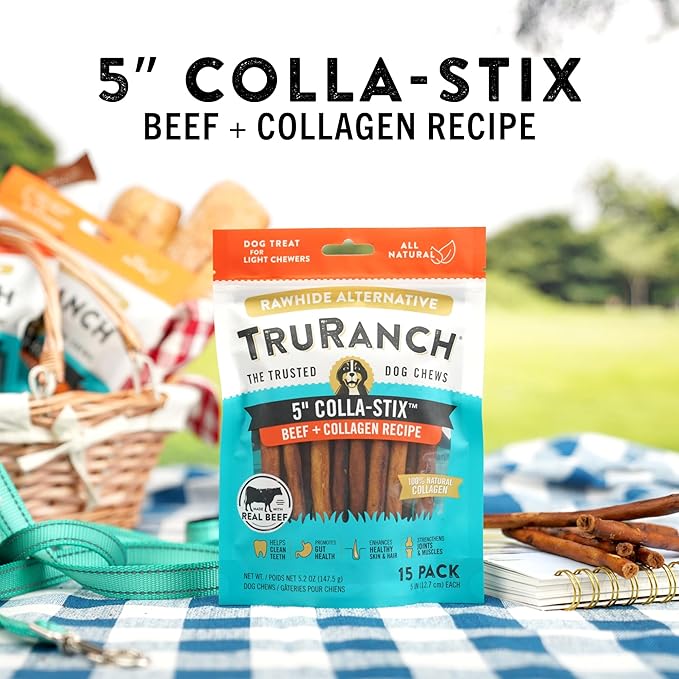 TRURANCH Collagen Sticks - 5" Collagen Sticks for Dogs - Long Lasting Healthy Joint Support - Rawhide Alternative - Skin & Coat Health - Made with Real Beef, Value Pack, 15 Bags, 225 Count