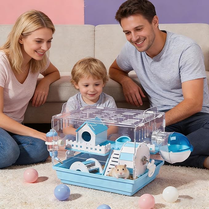 7-in-1 Acrylic Hamster Cage with All Accessories - Double Layer Hamster House with Transparent Viewing, Chew-Proof Small Pet Mice Enclosure Cage for Dwarf Syrian Gerbils, 14*11*10in (Blue)