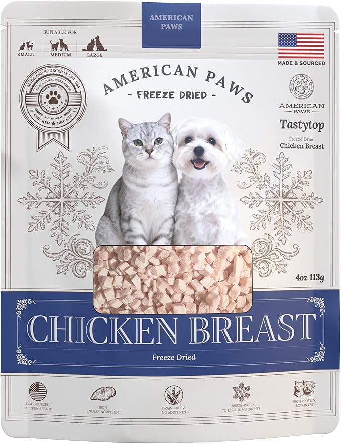 American Paws Freeze Dried Chicken Dog Treats & Cat Treats - 100% Chicken Breast - High Protein, Low Fat - Perfect for Small Dogs & Cats - Made in USA - Grain-Free & No Additives 4oz