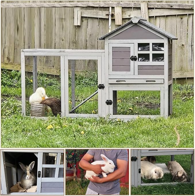 Aivituvin Rabbit Hutch 51.6''L Chicken Coop Outdoor with Run, Bunny House Guinea Pig Cage with Waterproof Roof and No Leak Tray, Grey