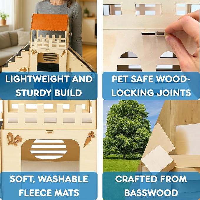 OtterPets Extra Large Bunny Hideout, Cozy Rabbit Castle with Fleece Mats, Wooden Rabbit Hideout, Bunny House Indoor Indoor, Chinchilla, Guinea Pig House (Pet Safe Wood Joints)