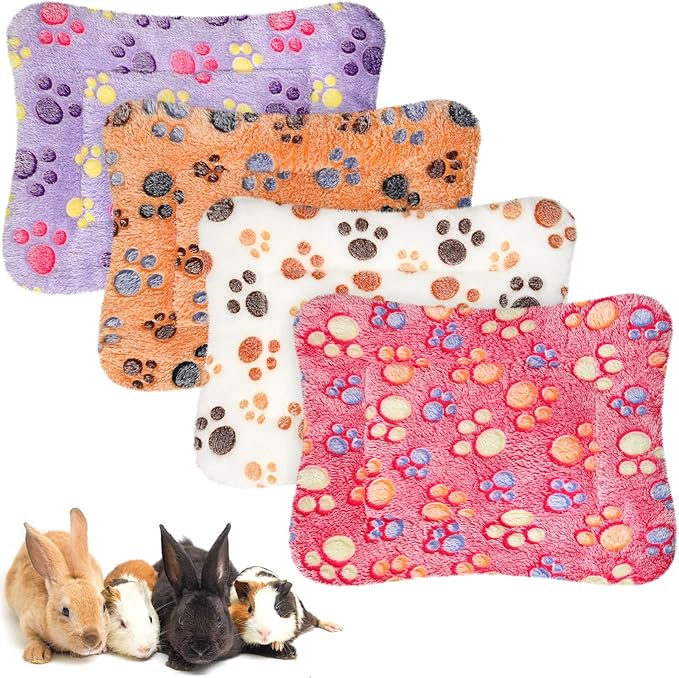 Haull 4 Pcs Waterproof Guinea Pig Bedding Guinea Pig Bed Plush Cage Liners Soft Rabbit Dog Crate Pad Cat Mat Reversible Cozy Animal Pee Pad Hamster Bunny Mat Accessory(Paw,13 x 18.5 Inch)