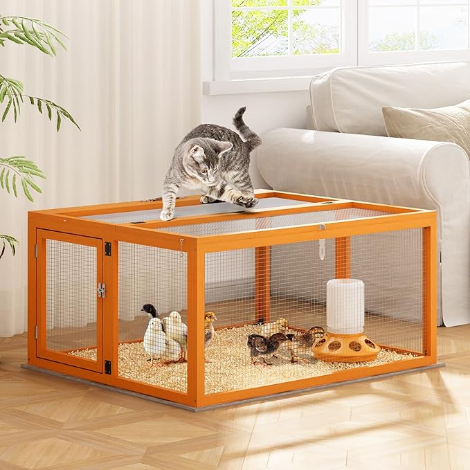 COZIWOW Chicken Coop Pen Portable Wooden Rabbit Hutch - Folding Indoor & Outdoor Chicken Cage Brooder with UV-Proof Panel, Top and Side Openable Doors, Includes 4X Garden Stakes, 43.3 Inch (Orange)