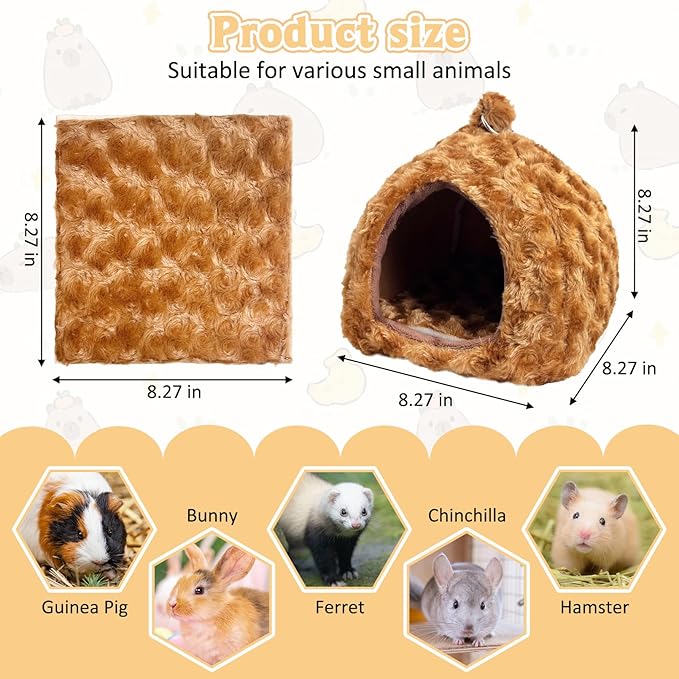 PINVNBY Guinea Pig Hideout Bed Hamster Cave Warm Bunny Bed Dwarf Rabbit House Bed Hedgehog Cage Accessories Winter Sleeping House for Hedgehog Ferret Rat Chinchilla and Other Small Animals（Brown）