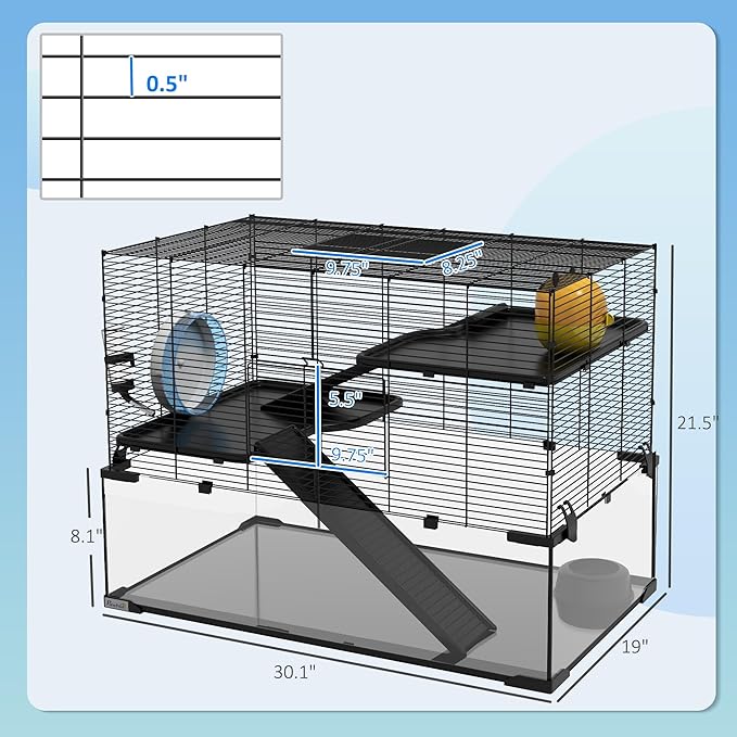 PawHut Large Hamster Cage with Deep Tempered Glass Bottom, 3 Tiers Hamster Tank with Running Wheel, Hut, Water Bottle, Dish, Rat Cage for Syrian, Dwarf, Gerbils, Mouse, 30" x 19" x 21.5", Black