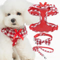EXPAWLORER Cute Dog Harness Collar Leash Set - Red Girl Dog Harness Checkered Step-in Design, Detachable Bow Pet Collar, Adjustable No-Choke Lightweight Mesh Vest for Small Medium Dogs, M