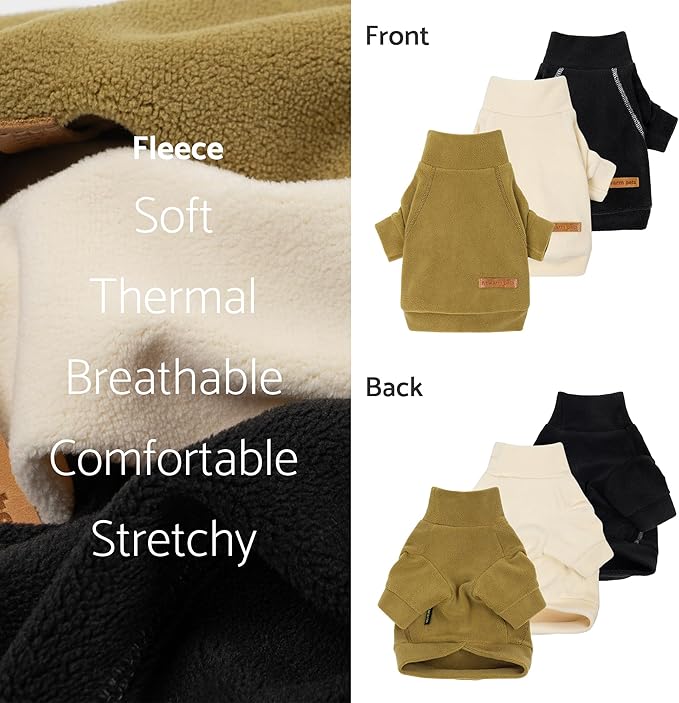 Fitwarm 3 Pack Classic Fleece Dog Sweater, Winter Clothes for Small Dogs Boy Girl, Turtleneck Dog Sweatshirt, Pet Pullover Jumper, Cat Apparel, Black, Olive Green, Cream, Large