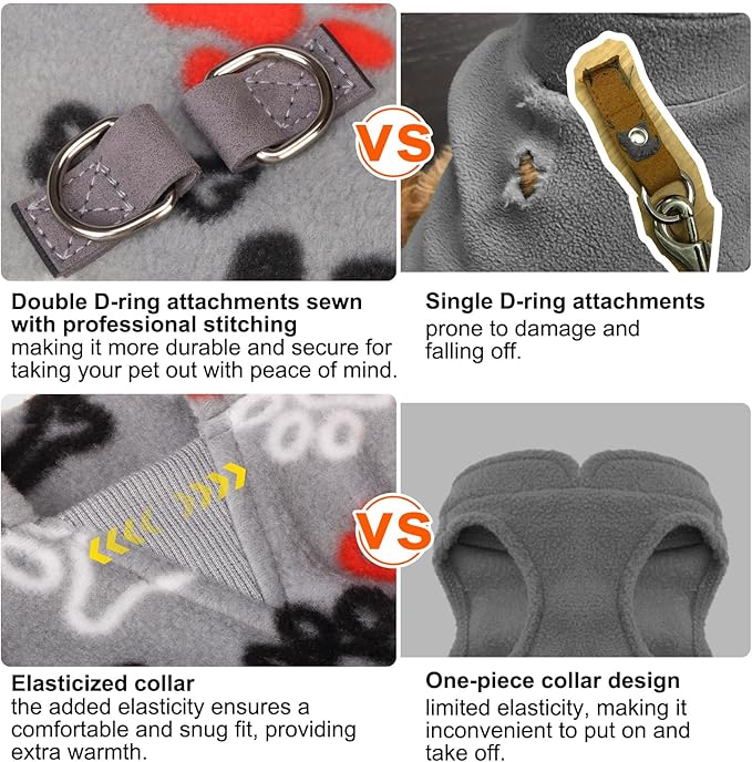 BEAUTYZOO Small Dog Sweater Fleece Vest Winter Jacket, D-Ring Leash Attachment for XS S Puppy Medium Sized Breeds Dogs, Cold Weather Dog Clothes Windproof Keep Warm, Grey Bone Paw S